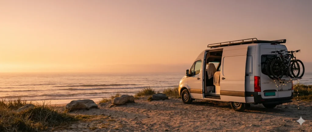 Campervan vid stranden i solnedgång.